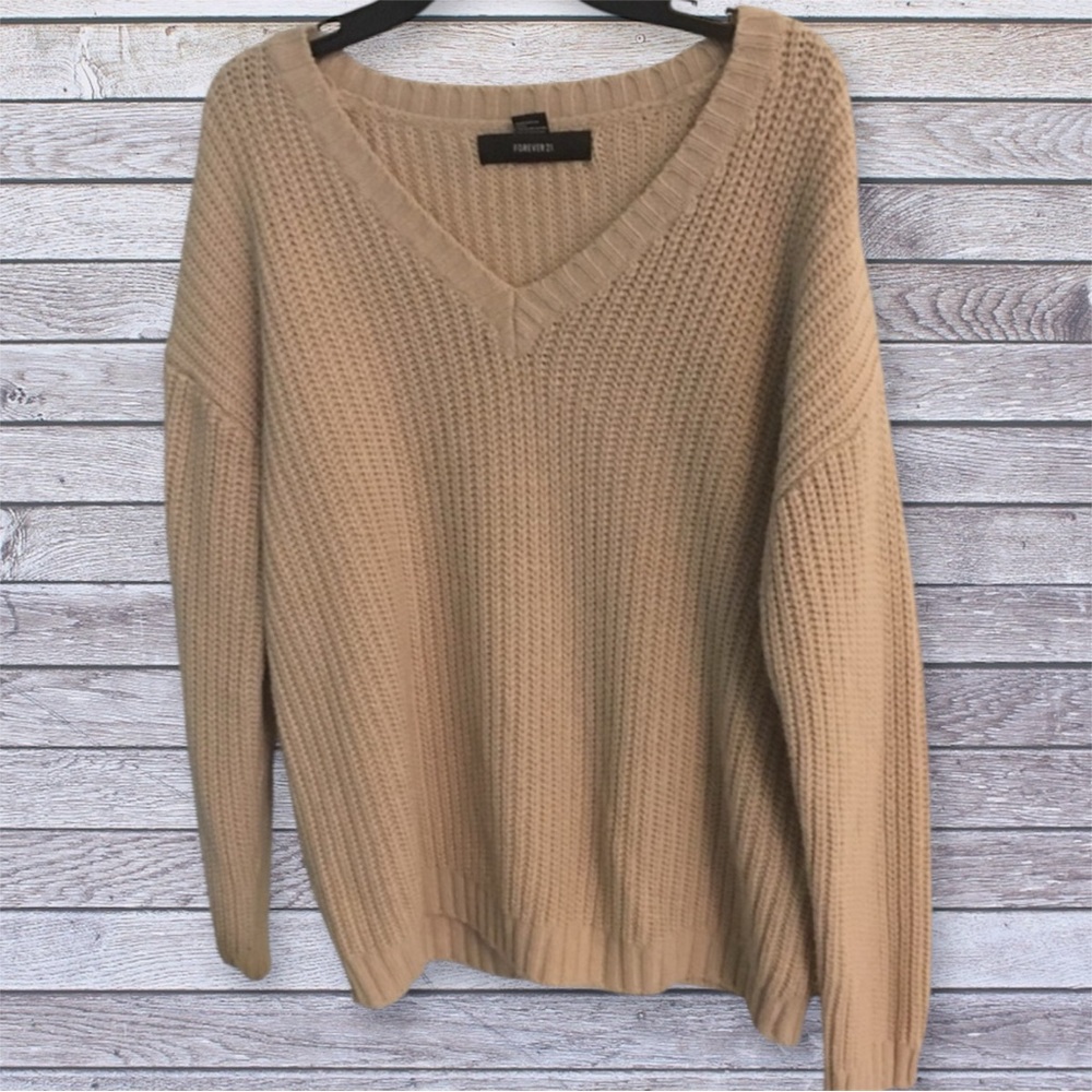 Forever 21 Tan V-Neck Chunky Knit Sweater